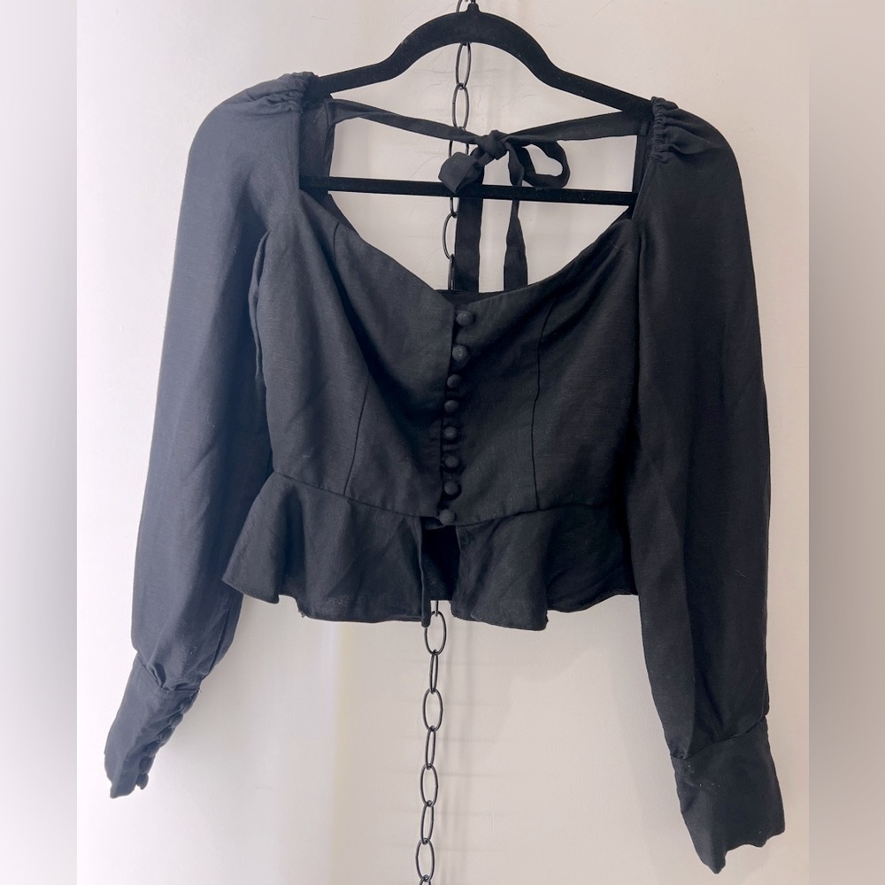 Dear José Black Linen Peplum LS ButtonUp Blouse